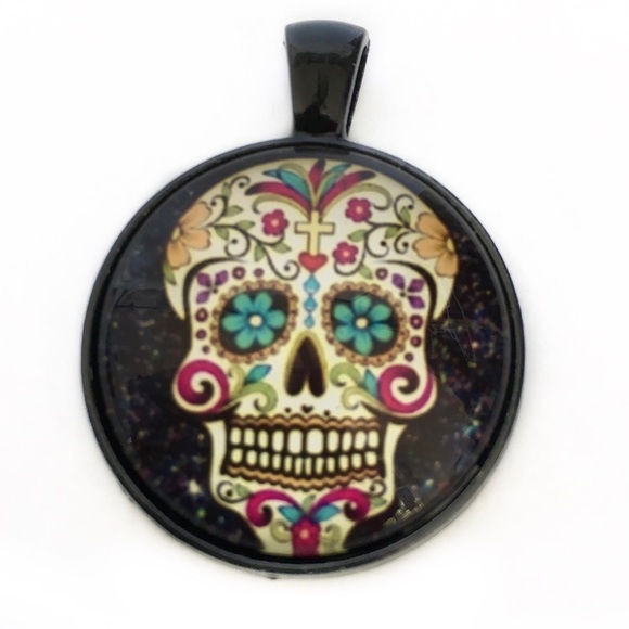 Sugar Skull Necklace Glass Cabochon Raised Glass Black 19 inch Chain Multicolor - Picture 2 of 10